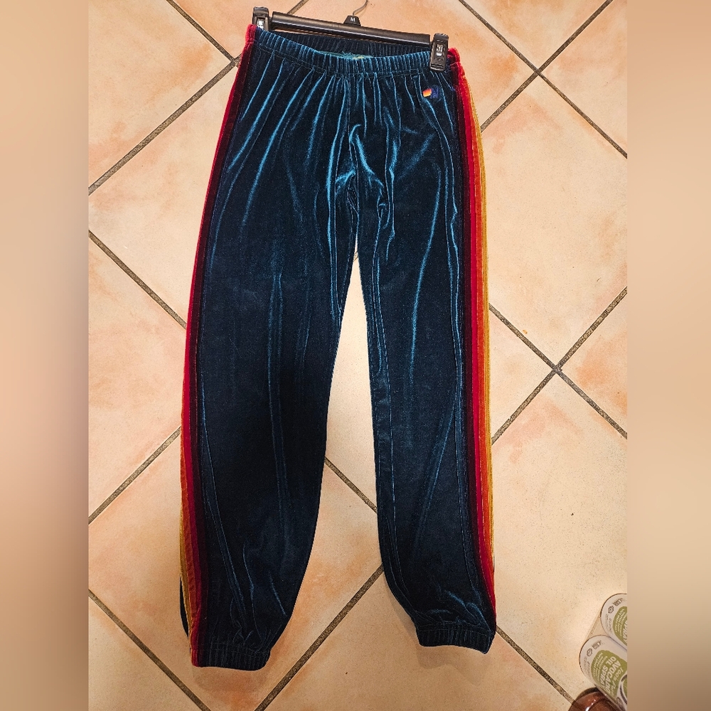 Aviator Nation sz Small S velvet 5 stripe green sweatpants sweats